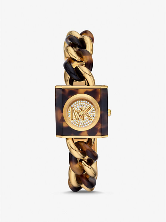Часы Michael Kors Petite Lock Pavé Gold-tone And Tortoiseshell Acetate Chain, коричневый