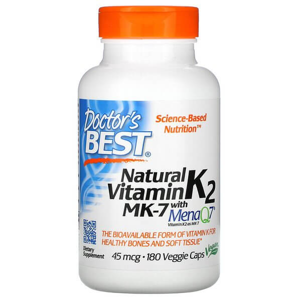 doctor s best витамин k2 mk 7 с menaq7 45 мкг 60 вегетарианских капсул Натуральный витамин K2 MK-7 с MenaQ7, Doctor's Best, 45 мкг, 180 растительных капсул