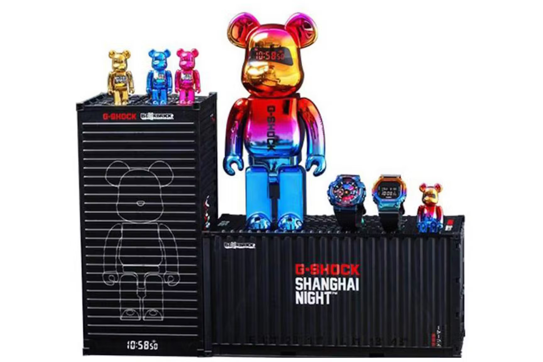 цена Набор фигурок Bearbrick x G-Shock 400% Rainbow & 100% x4 & GM-110SN & GM5600SN, 7 предметов, мультиколор