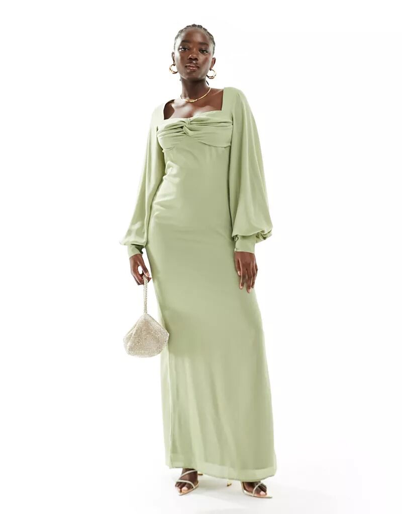 Оливковое платье макси с пышными рукавами Pretty Lavish Bridesmaid