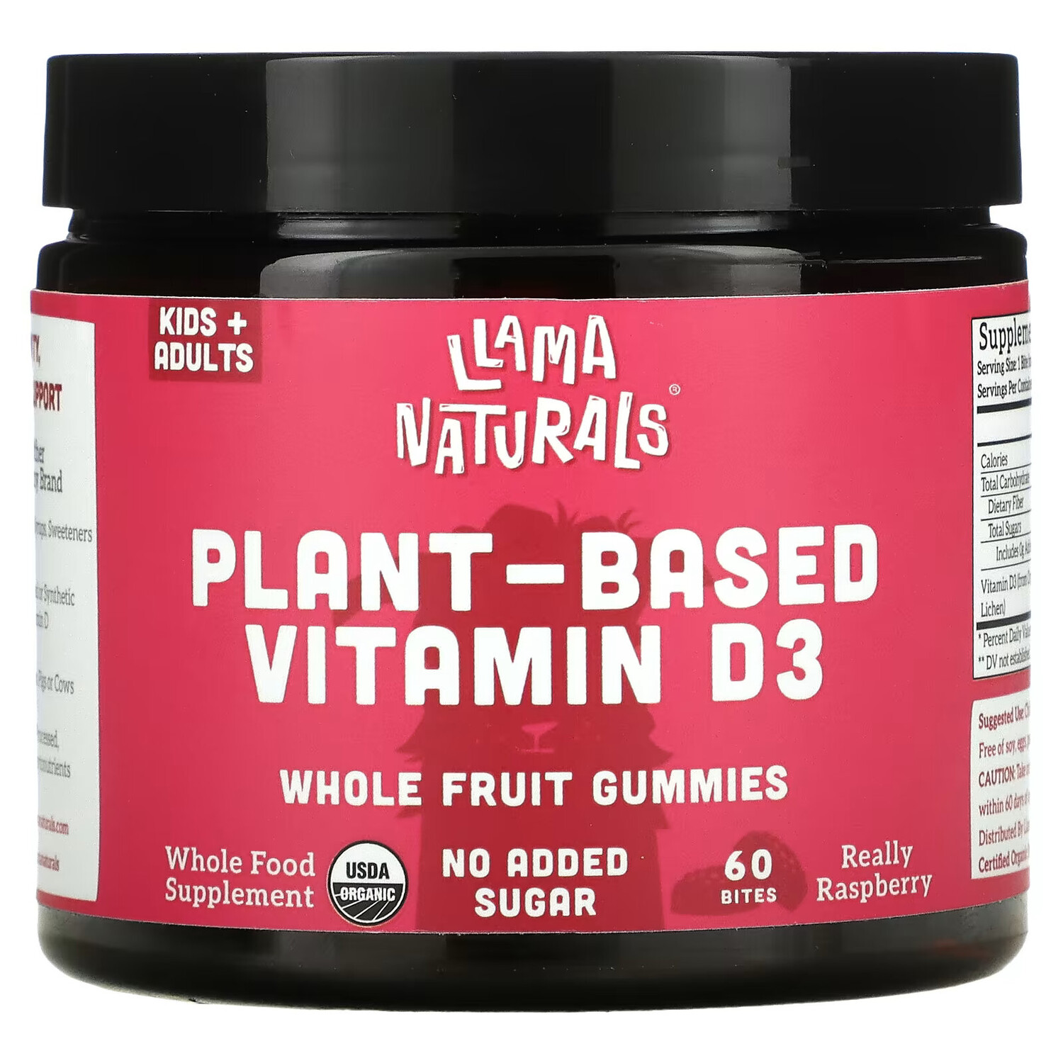 

Llama Naturals, Растительные жевательные мармеладки с витамином D3, со вкусом малины, 60 укусов