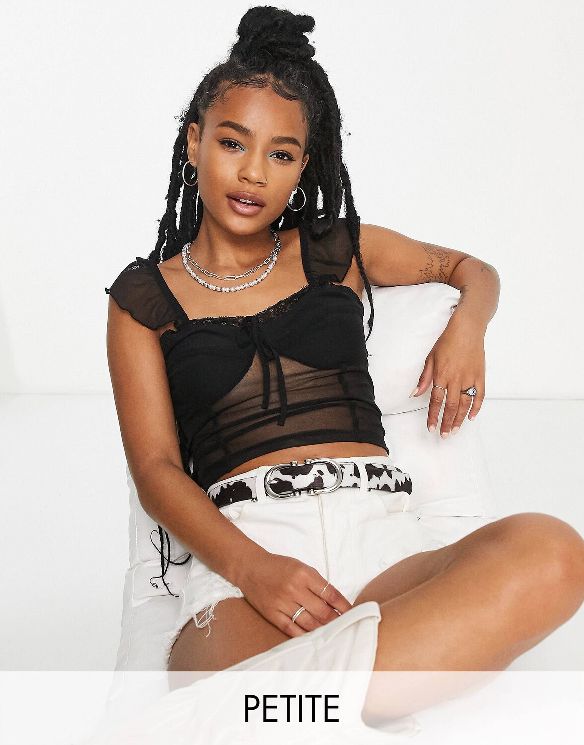 

Черный сетчатый топ с корсетом и кружевной отделкой Topshop Petite