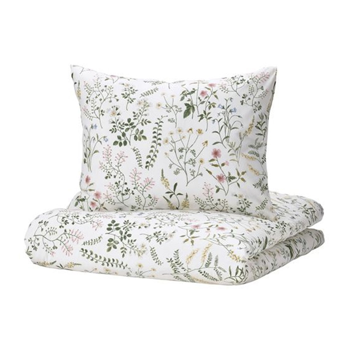 комплект постельного белья ikea bergpalm серый Комплект постельного белья Ikea Timjansmott, 200х150 см, белый/цветочный орнамент