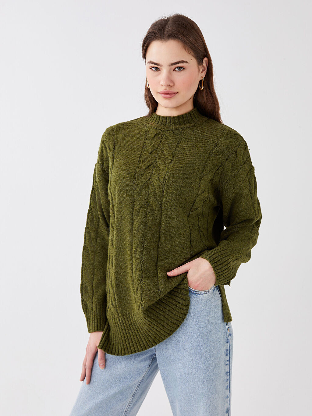 

Женская трикотажная туника с длинным рукавом с высоким воротником и узором LCW Modest