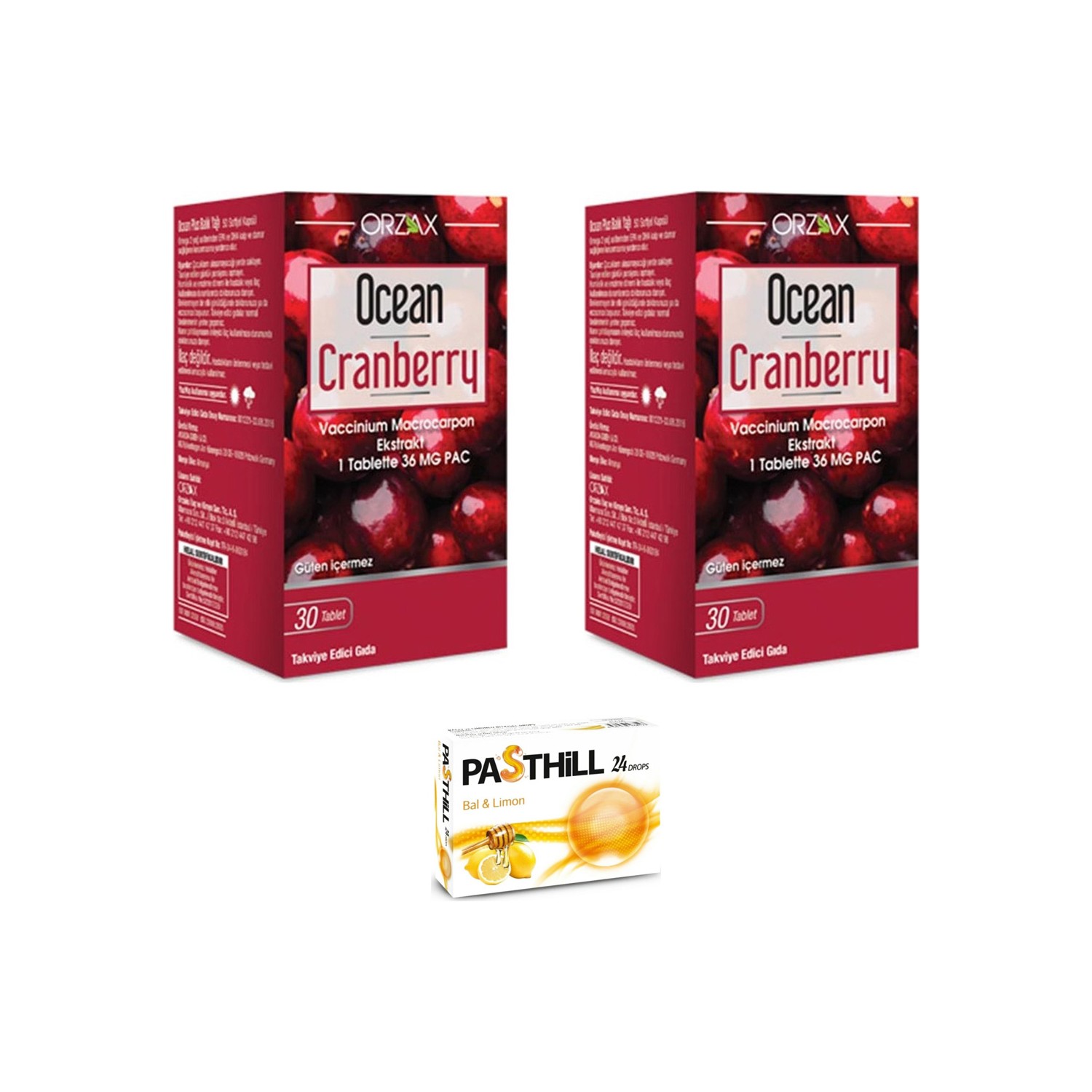 Пищевая добавка Orzax Ocean Cranberry, 2 упаковки по 30 таблеток + Пастилки Pasthill со вкусом меда и лимона