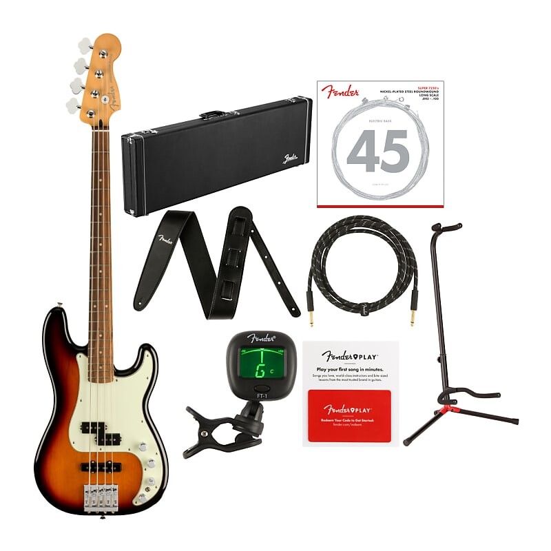 

Fender Player Plus Precision 4-струнная бас-гитара с деревянным корпусом, басовыми струнами, кожаным ремешком, кабелем, подставкой для гитары, тюнером и картой предоплаты