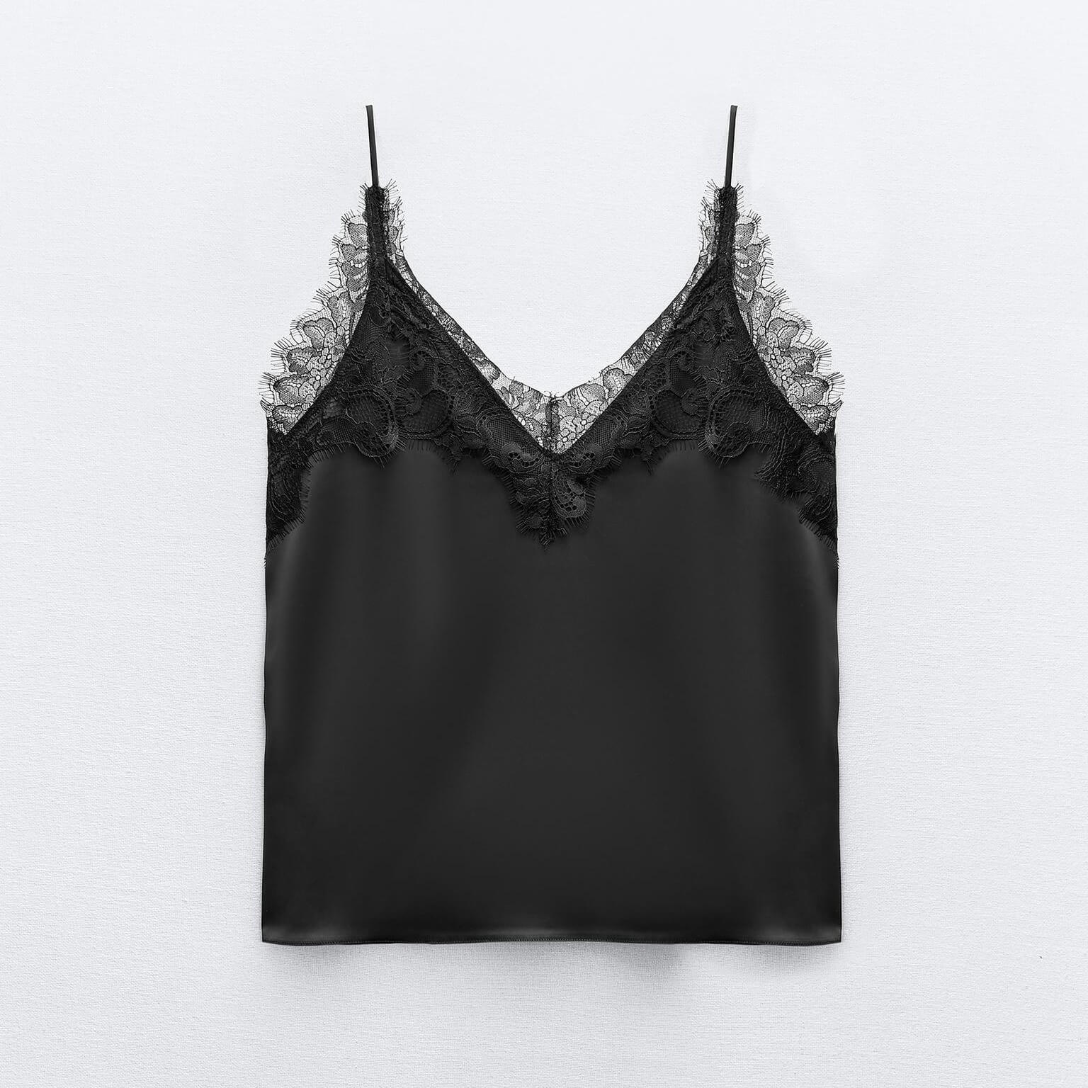 Топ Zara Lace-trimmed Camisole, черный топ zara camisole floral print мультиколор