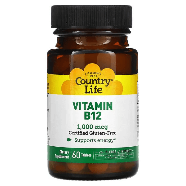 Витамин B12, Country Life, 1000 мкг, 60 таблеток country life сертифицированный веганский витамин k2 клубника 500 мкг 60 жевательных таблеток
