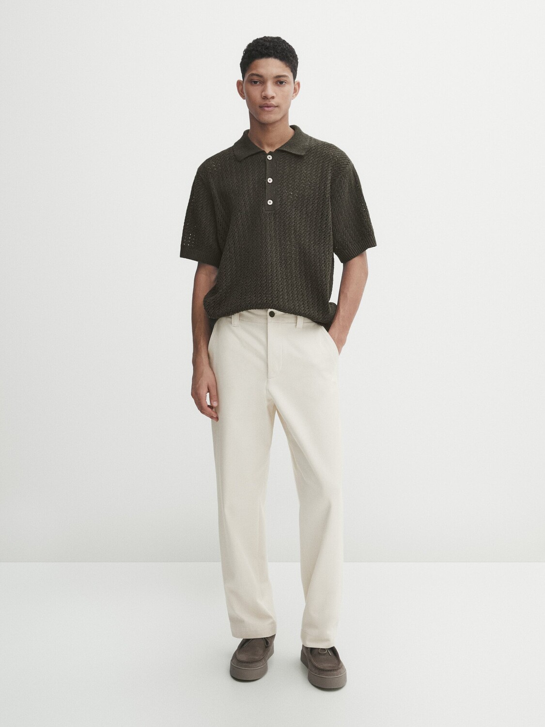 

Свитер-поло открытой вязки с короткими рукавами Massimo Dutti, хаки