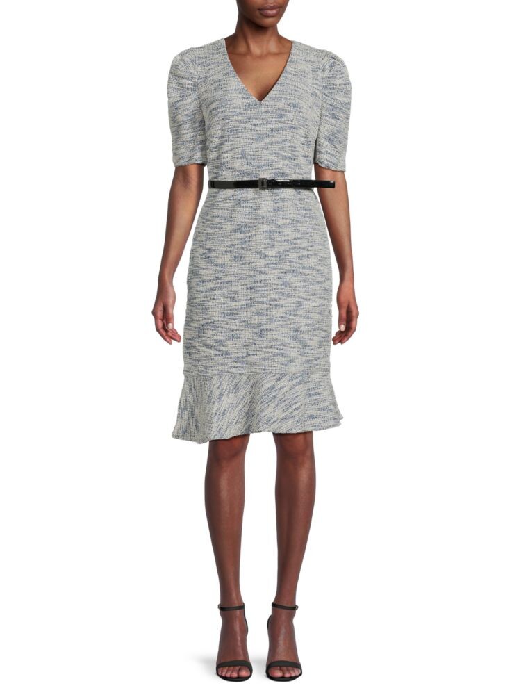 

Твидовое трикотажное платье цвета металлик с поясом Karl Lagerfeld Paris, цвет Light Blue