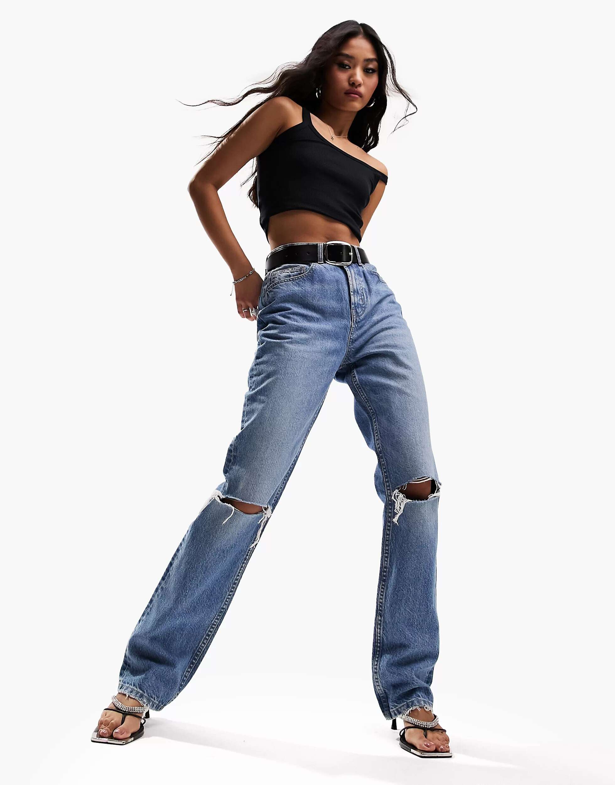 Синие прямые джинсы в стиле 90-х с рваными коленями ASOS