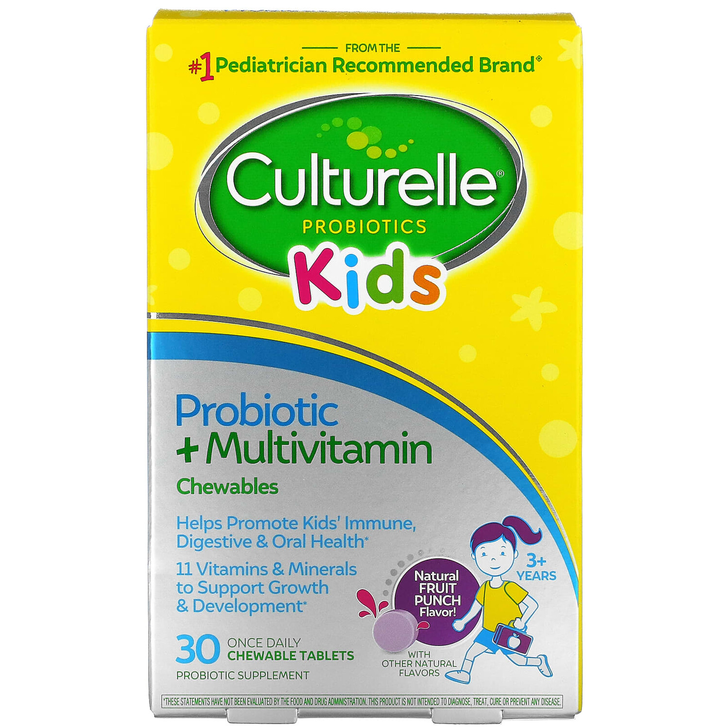 

Жевательные Таблетки Culturelle с пробиотиками и мультивитаминами, натуральный фруктовый пунш, 30 таблеток