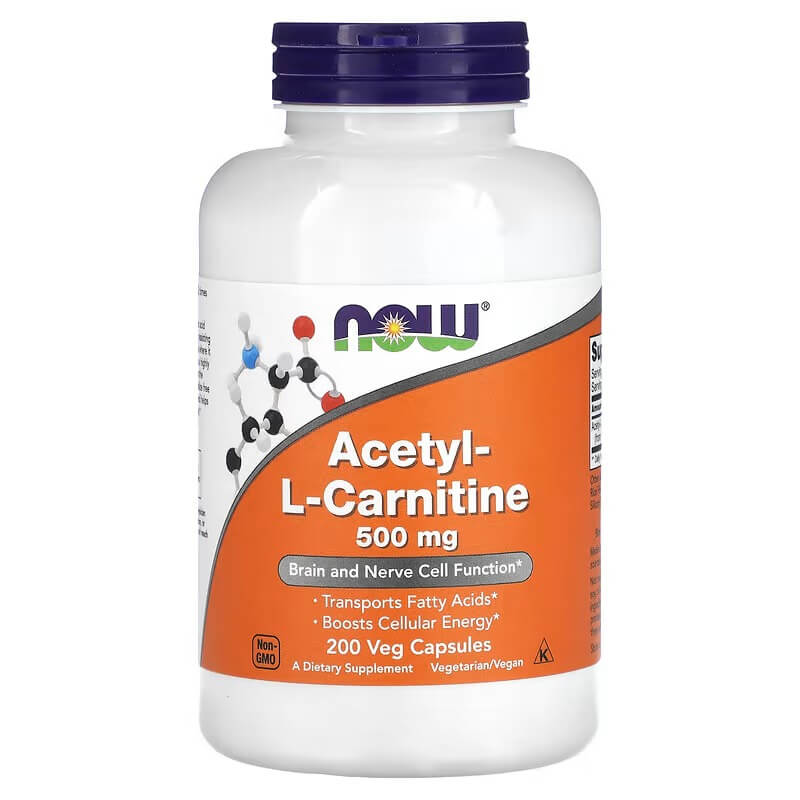 Ацетил-L-карнитин NOW Foods 500 мг, 200 растительных капсул ацетил l карнитин гидрохлорид 500 мг 200 капсул now foods