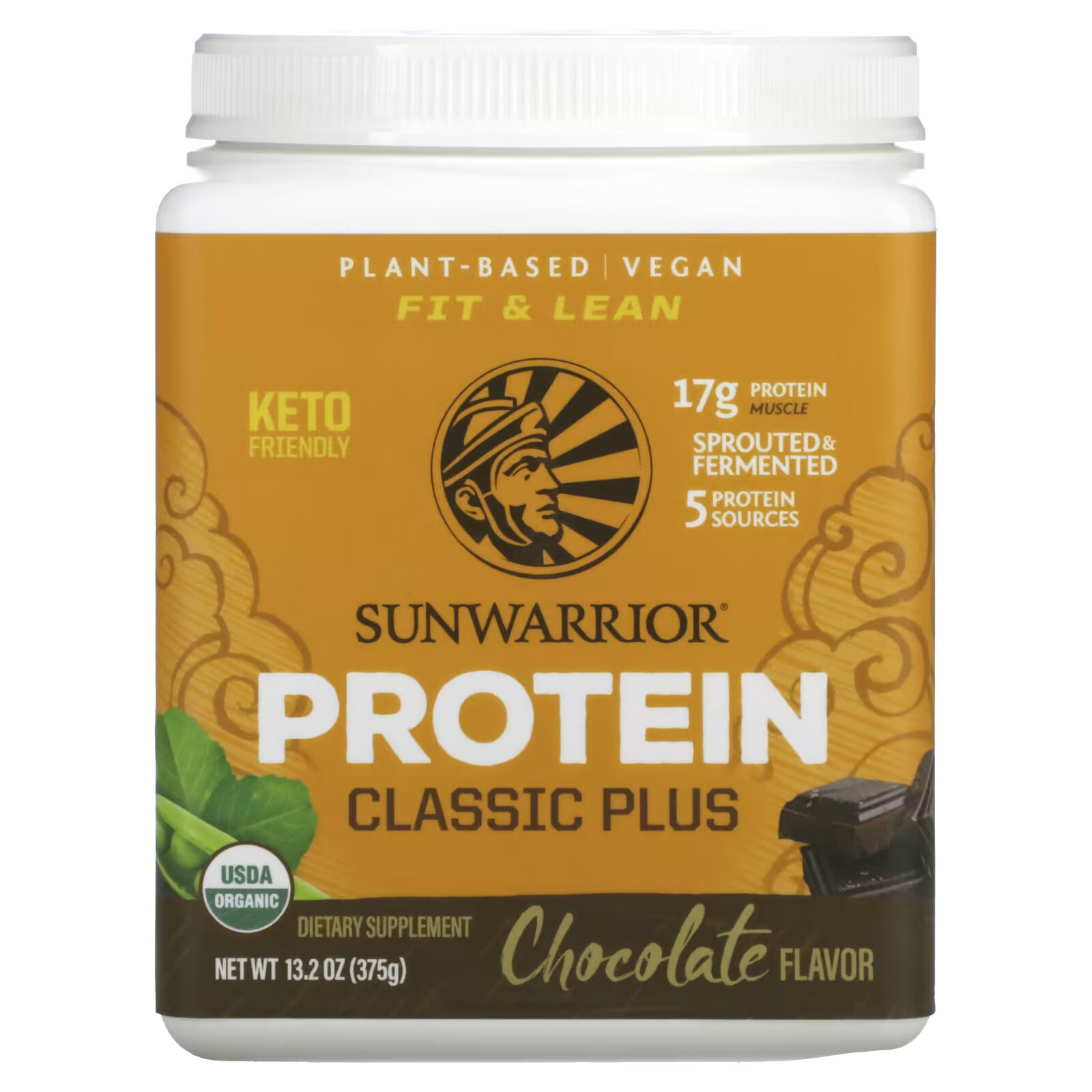 Sunwarrior, Classic Plus Protein, органический продукт на растительной основе, шоколад, 13,2 унц. (375 г) sunwarrior protein classic plus шоколад 750 г 1 65 фунта