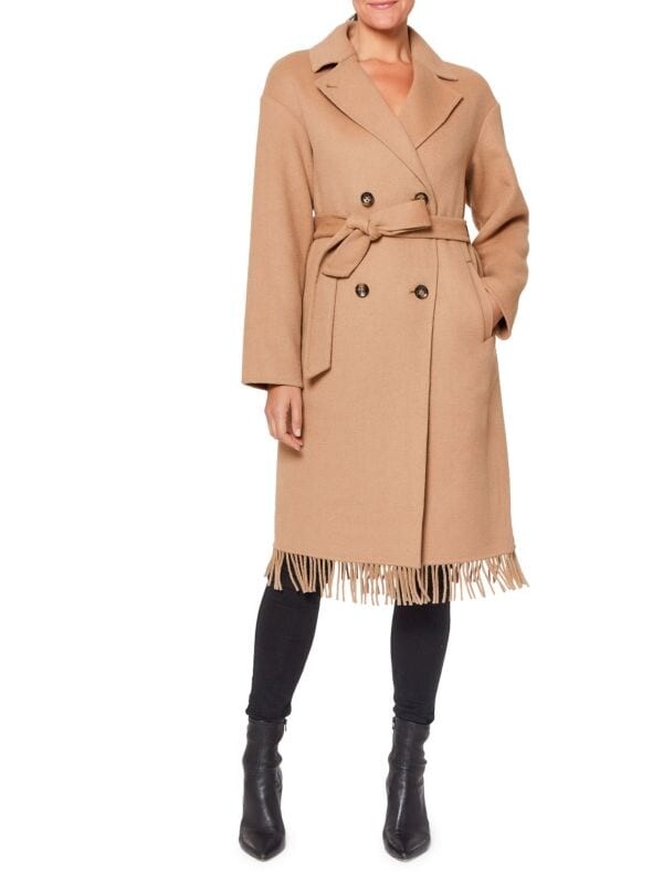 

Бушлат Vince Camuto из смесовой шерсти с поясом и бахромой, бежевый