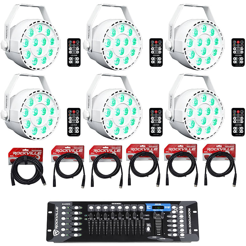 

(6) Rockville RockPAR TRI LED RGB White Wash Par DJ Lights+кабели+контроллер DMX (6) ROCKPAR TRI WHITE+RDX3M25+RDX3M10-2