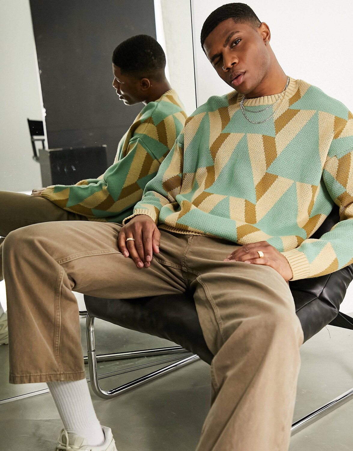 

Зеленый вязаный джемпер оверсайз с гео-дизайном ASOS DESIGN