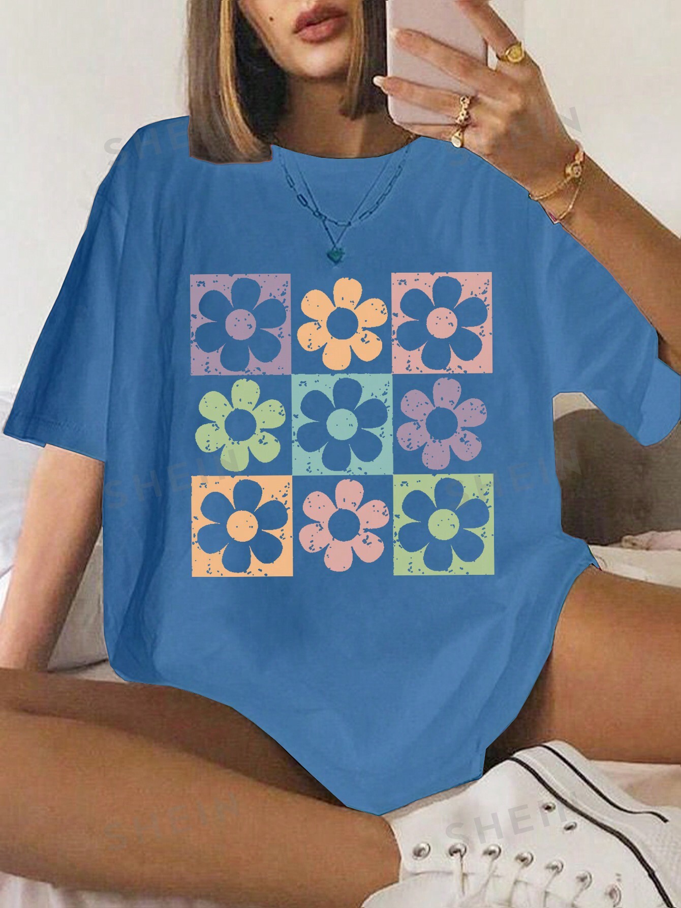 Повседневная футболка с коротким рукавом с цветочным принтом, синий