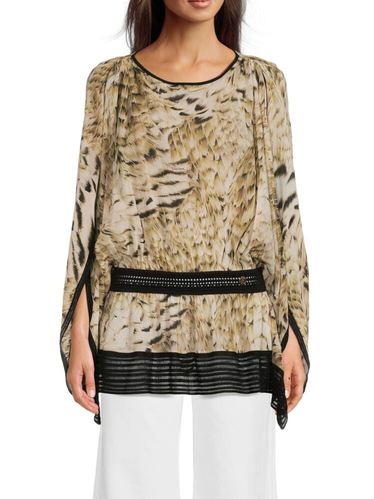 

Шелковый топ с анималистичным принтом и крыльями летучей мыши Roberto Cavalli, цвет Natural Tan