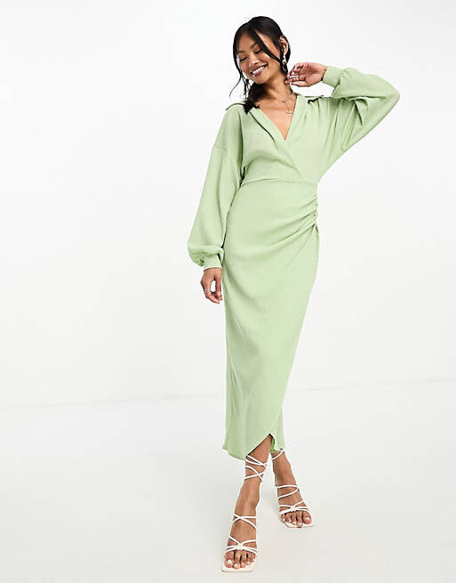 

Мятное фактурное платье миди с запахом и воротником ASOS DESIGN