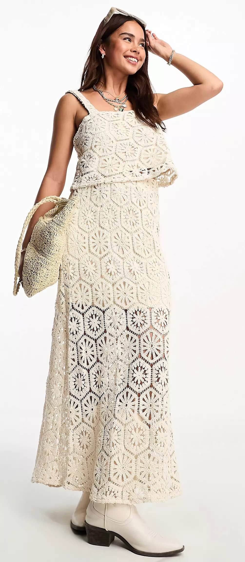 Вязаная юбка миди Vero Moda Crochet Co-ord, бежевый цена и фото