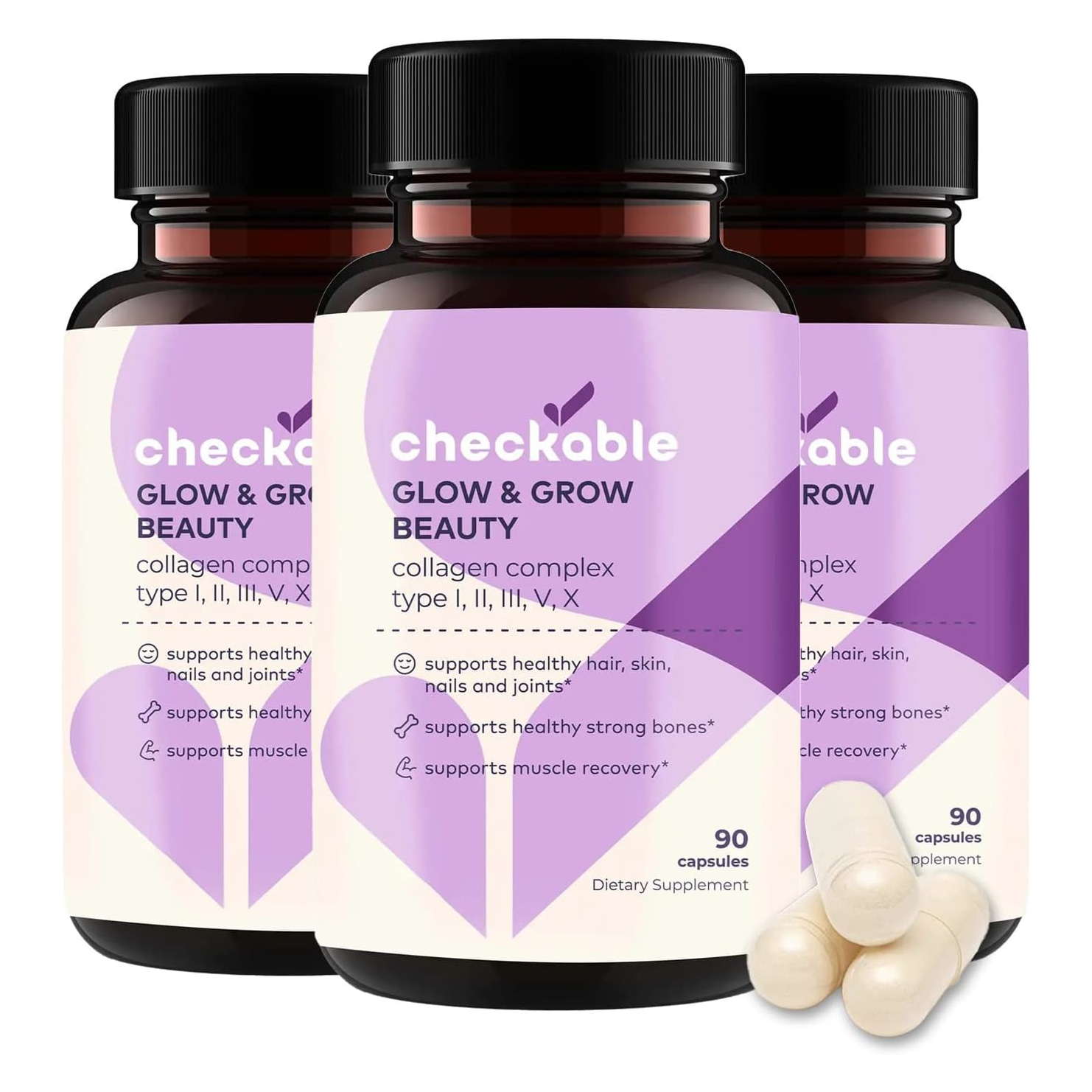 Коллаген Checkable Glow & Grow Beauty Complex Type I, II, III, V, X, 270 капсул биологически активная добавка для здоровья суставов геладринк форте люкс 14 шт