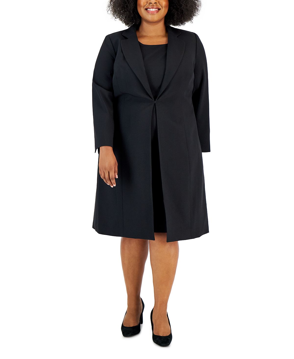 Пиджак большого размера и платье-футляр большого размера Le Suit, черный куртка без воротника в рамке больших размеров и юбка с воланами на подоле le suit