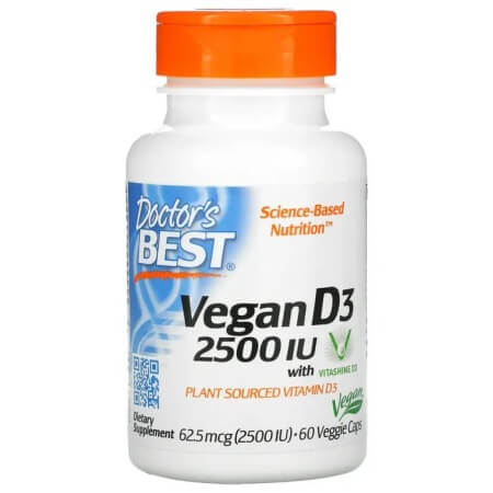 Веганский витамин D3 с Vitashine D3, Doctor's Best, 2500 МЕ, 60 растительных капсул витамин d3 2000 iu be first 60 капсул для иммунитета костей зубов сердца суставов