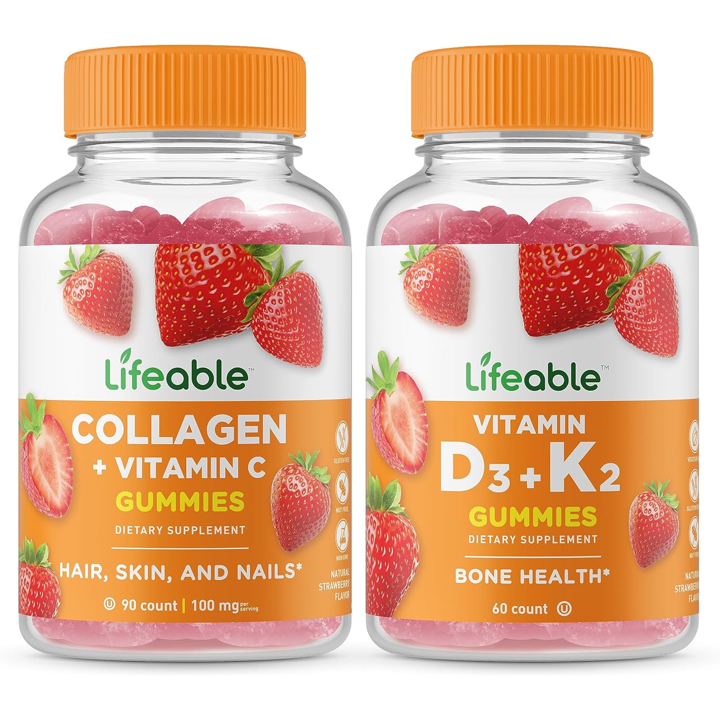 Набор витаминов Lifeable Collagen + Vitamin C & Vitamin D3 + K2, 2 предмета, 90+60 таблеток lifeable витамины d3 и k2 для детей натуральная клубника 60 жевательных таблеток