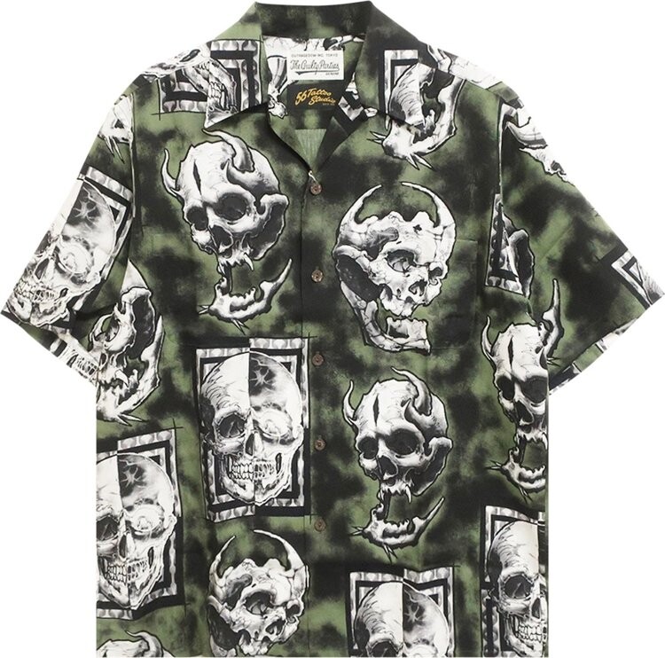 

Рубашка Wacko Maria 56 Tattoo Studio Short-Sleeve Hawaiian Shirt 'Olive', зеленый