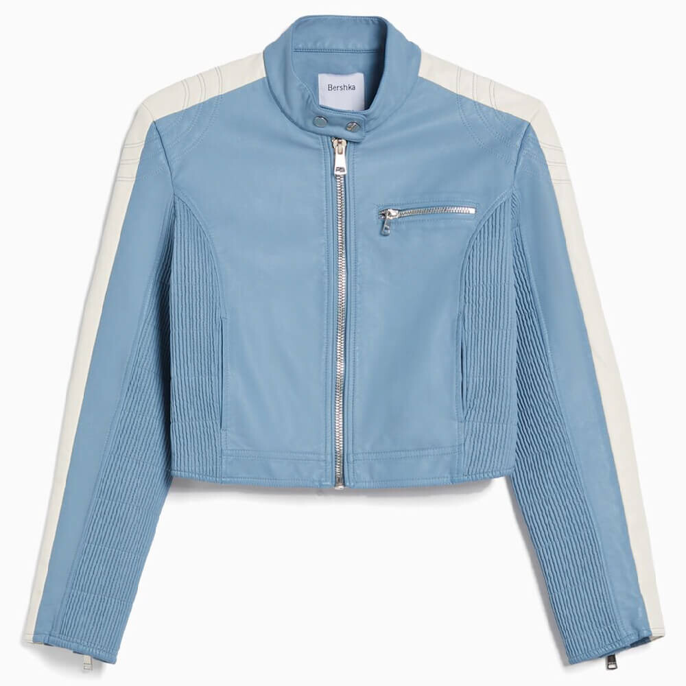 

Куртка Bershka Faded Faux Leather, голубой/белый
