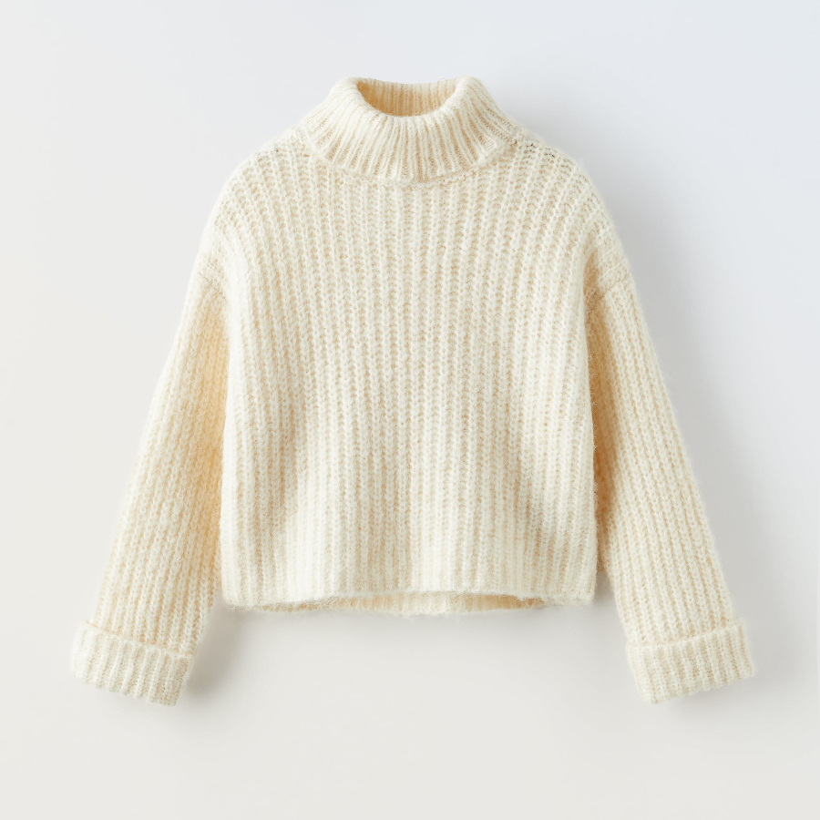 Свитер для девочки Zara Knit Wrap Collar, экрю свитер zara knit with rhinestone polo collar светло розовый