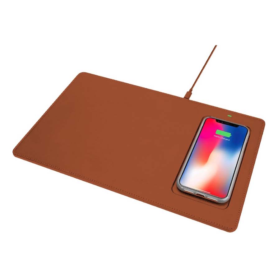 Коврик для мыши с беспроводной зарядкой Powerology Fabric Qi, коричневый фото