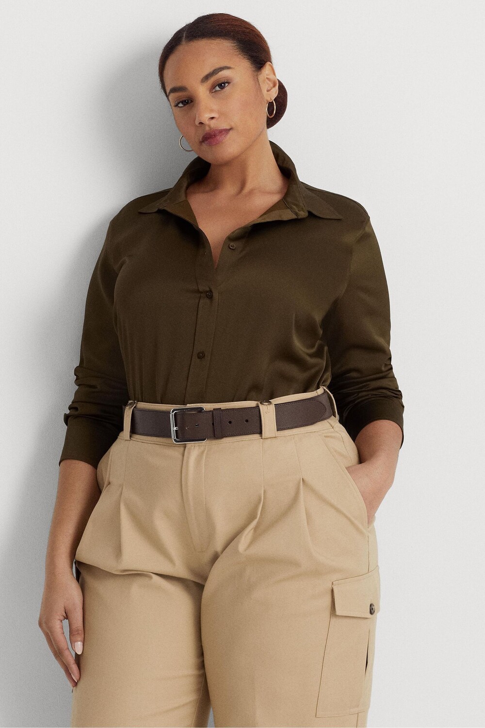 

Атласная рубашка цвета хаки Curve с подвесками Lauren Ralph Lauren, зеленый