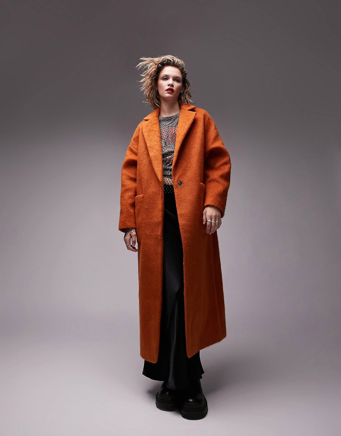 

Длинное пальто с начесом Topshop ярко-оранжевого цвета с накладными карманами