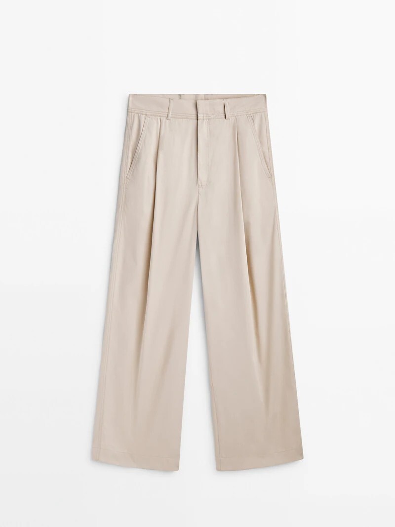 

Широкие брюки из поплина с вытачками Massimo Dutti, песочный, Бежевый