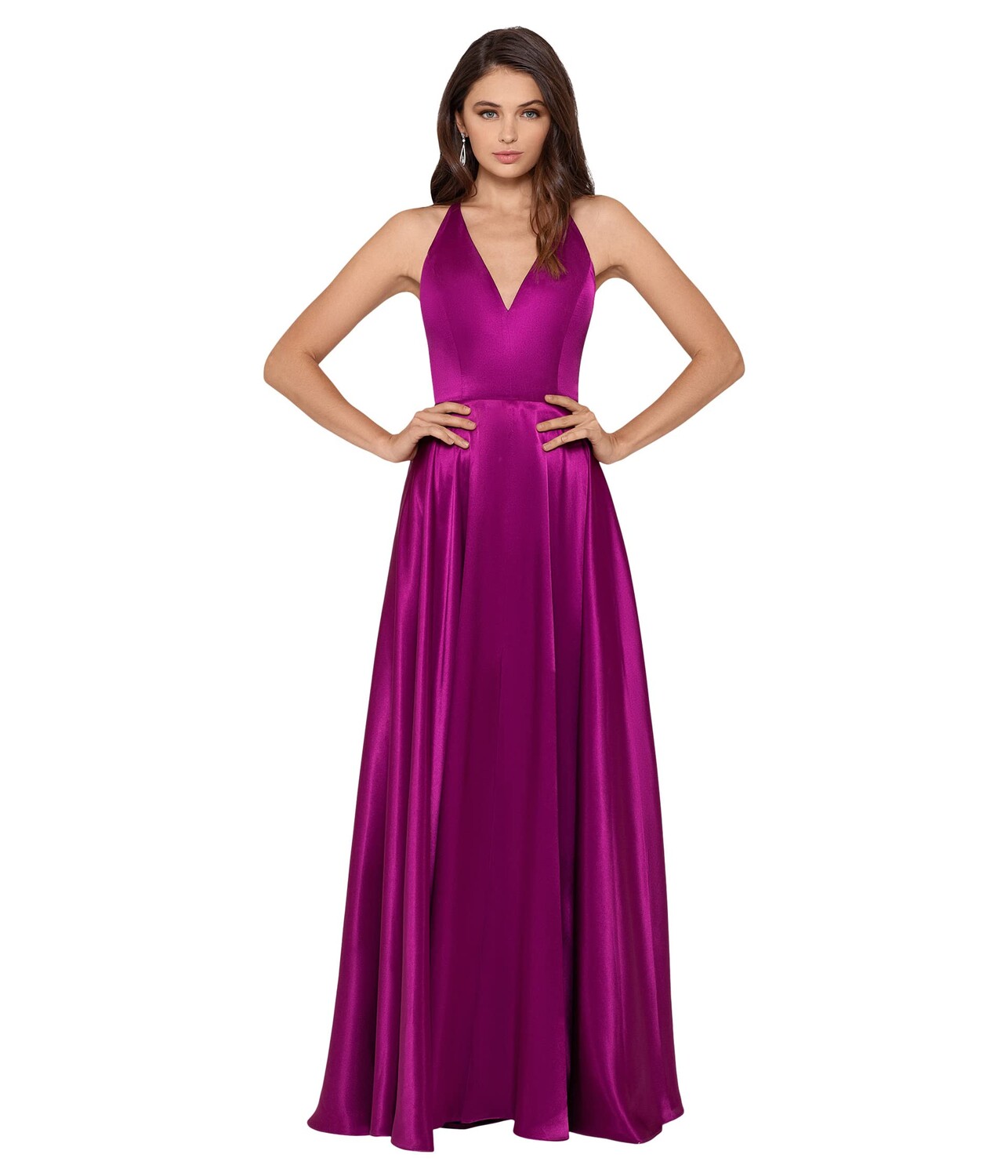 

Платье Betsy & Adam, Long V-Neck Satin Gown with Open Back