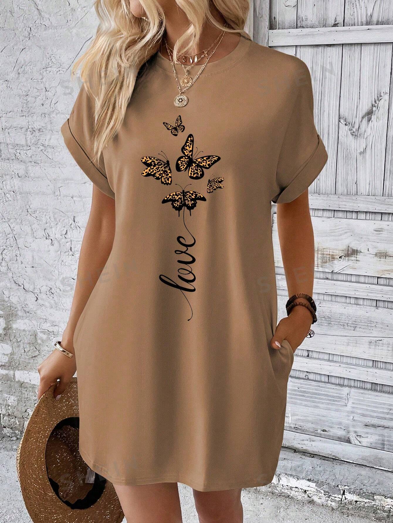 SHEIN LUNE Женское платье-футболка с рукавами «летучая мышь» и принтом бабочки, хаки