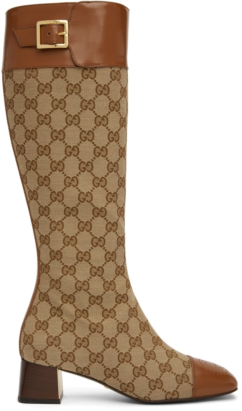 

Бежево-коричневые высокие ботинки с узором GG Gucci