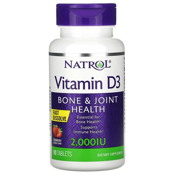Витамин D3 для здоровья костей и суставов, клубничный вкус, 2000 МЕ, 90 таблеток, Natrol
