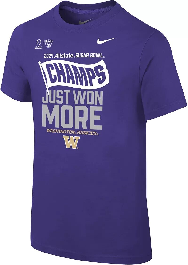 

Футболка Nike Youth 2023-24 College Football Playoff Sugar Bowl Champions Washington Huskies в раздевалке