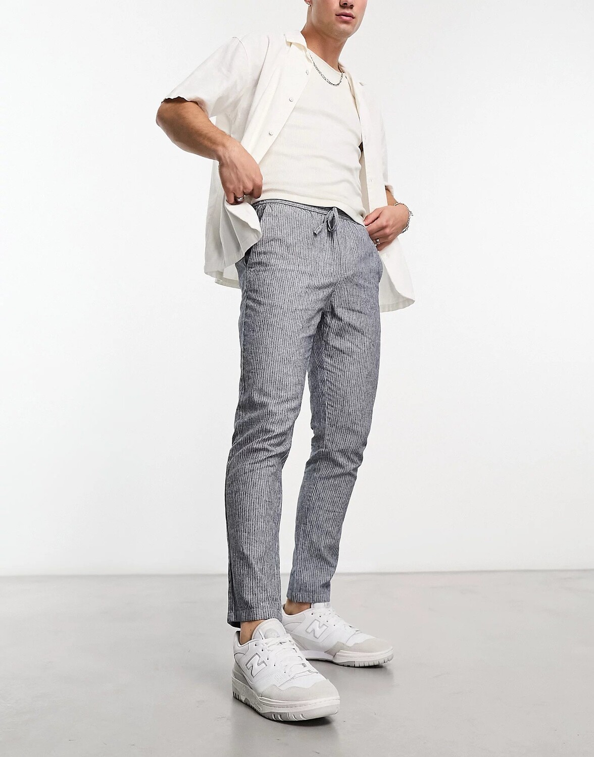

Брюки Only & Sons Tapered Fit Linen Mix In Stripe, серо-синий