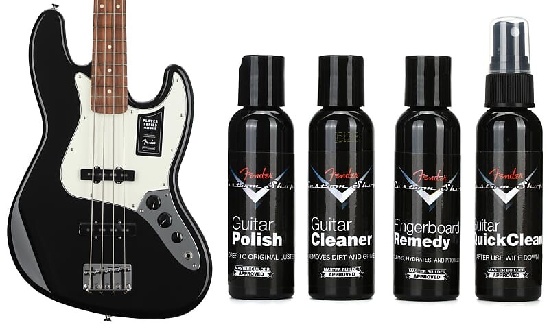 

Fender Player Jazz Bass — черный, с накладкой на гриф Pau Ferro, комплект Fender Custom Shop Deluxe Guitar Care System — 4 шт. в упаковке 0149903506=1 0990539000=1