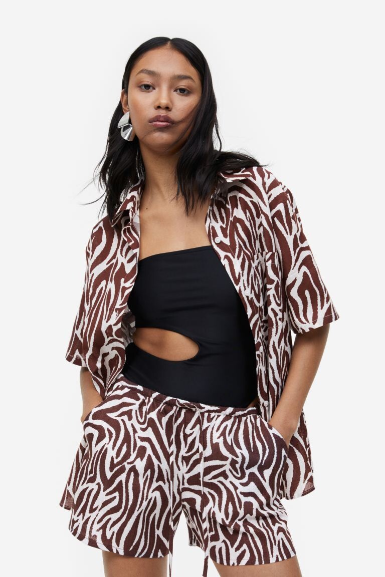 

Шорты без застежек из смесового льна H&M, темно-коричневый/зебра