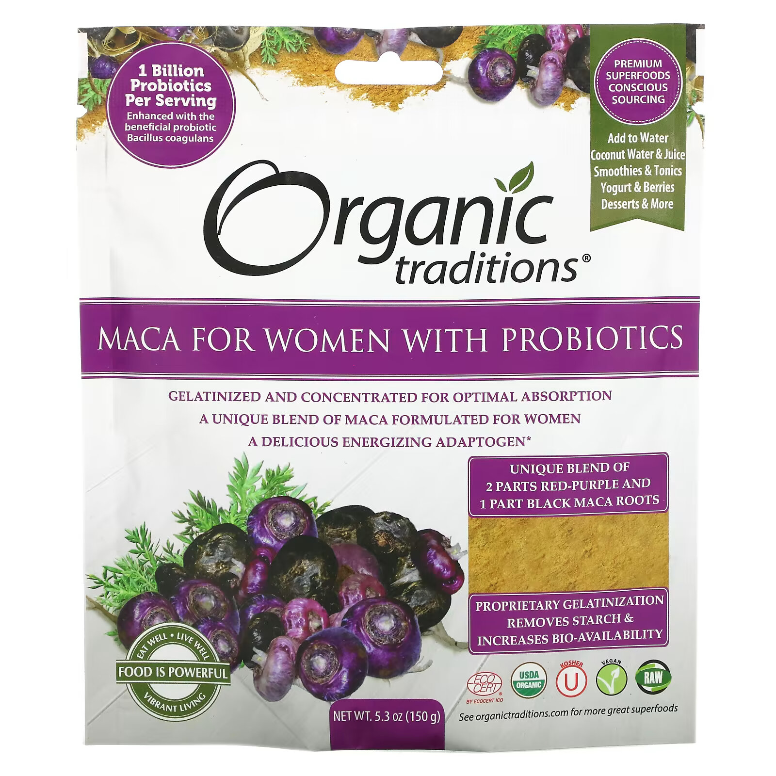 Organic Traditions, Мака для женщин с пробиотиками, 150 г (5,3 унции) organic traditions жареные семена бару 5 3 унции 150 г