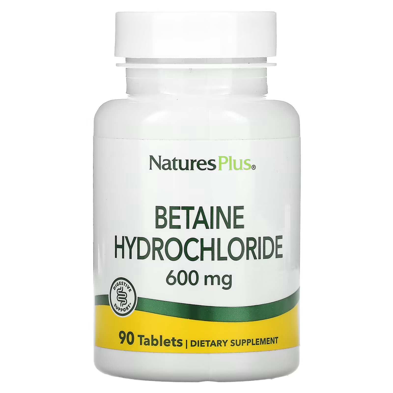 NaturesPlus, Бетаин гидрохлорид (Betaine Hydrochloride), 600 мг, 90 таблеток высокоэффективный бетаин гидрохлорид с пепсином high potency betaine hcl with pepsin 650 мг 250 капсул solaray
