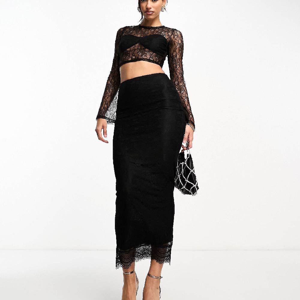Юбка Simmi Lace Maxi, черный черная кружевная блузка и юбка
