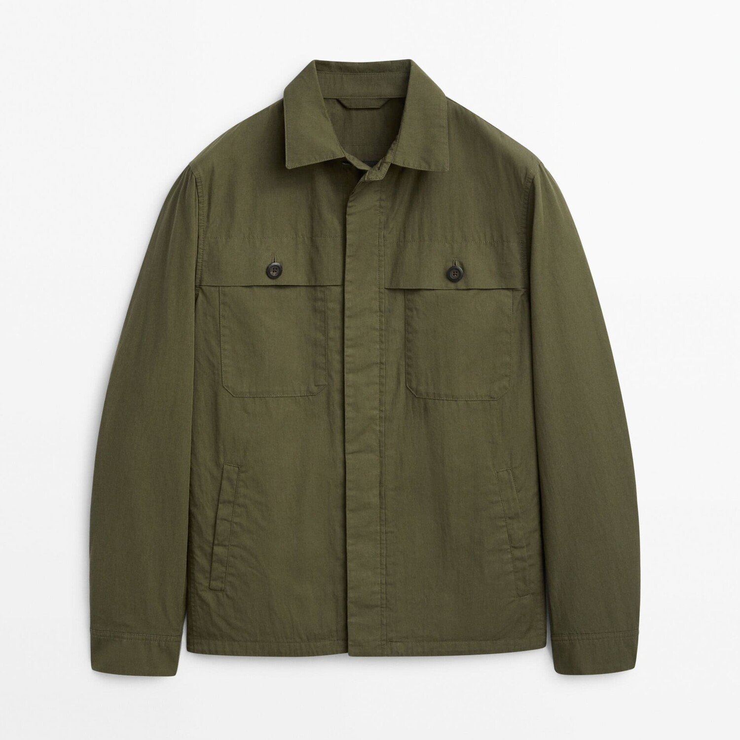 

Куртка-рубашка из хлопка и нейлона с карманами Massimo Dutti, хаки