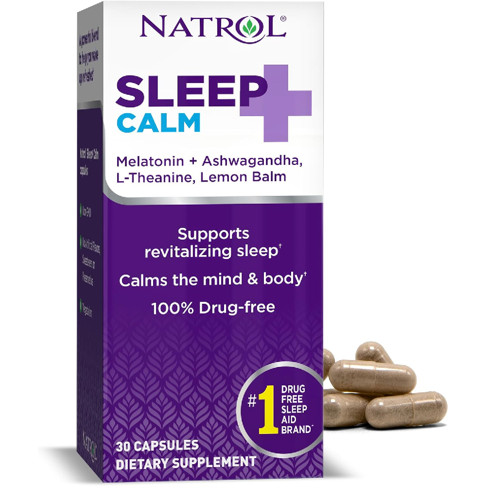 Пищевая добавка мелатонин с L-теанином и мелиссой Natrol Sleep + Calm Melatonin 6mg With Ashwagandha, 30 капсул natrol sleep calm клубника 60 жевательных таблеток