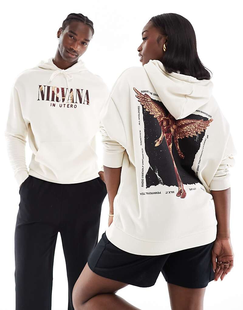 

Бежевое оверсайз-худи унисекс с лицензионной графикой Nirvana ASOS DESIGN